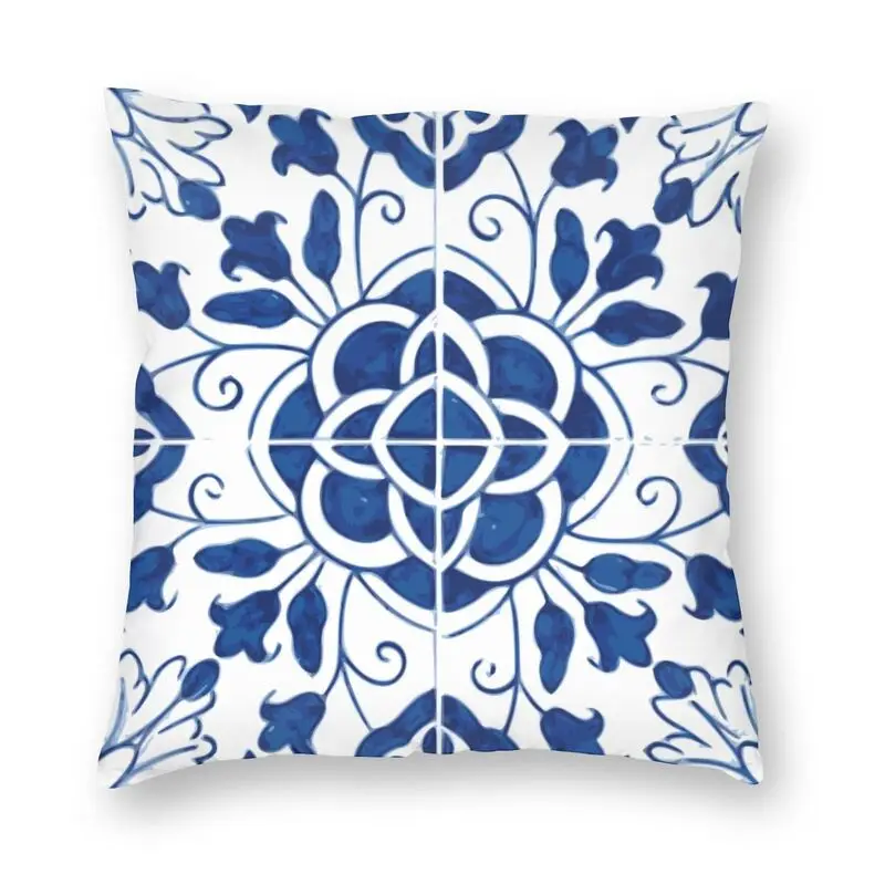 

Blue Portuguese Porcelain Tiles Cushion Cover 40x40 Home Decor 3D Print Flower Pattern Throw Pillow Case for Car Double-sided