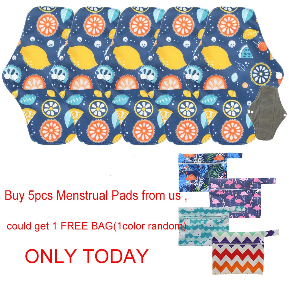 Reusable Waterproof Bamboo Charcoal Menstrual Pads Sets Panty Liner Regular Flow Heavy Flow 5pcs with FREE Wet Bag