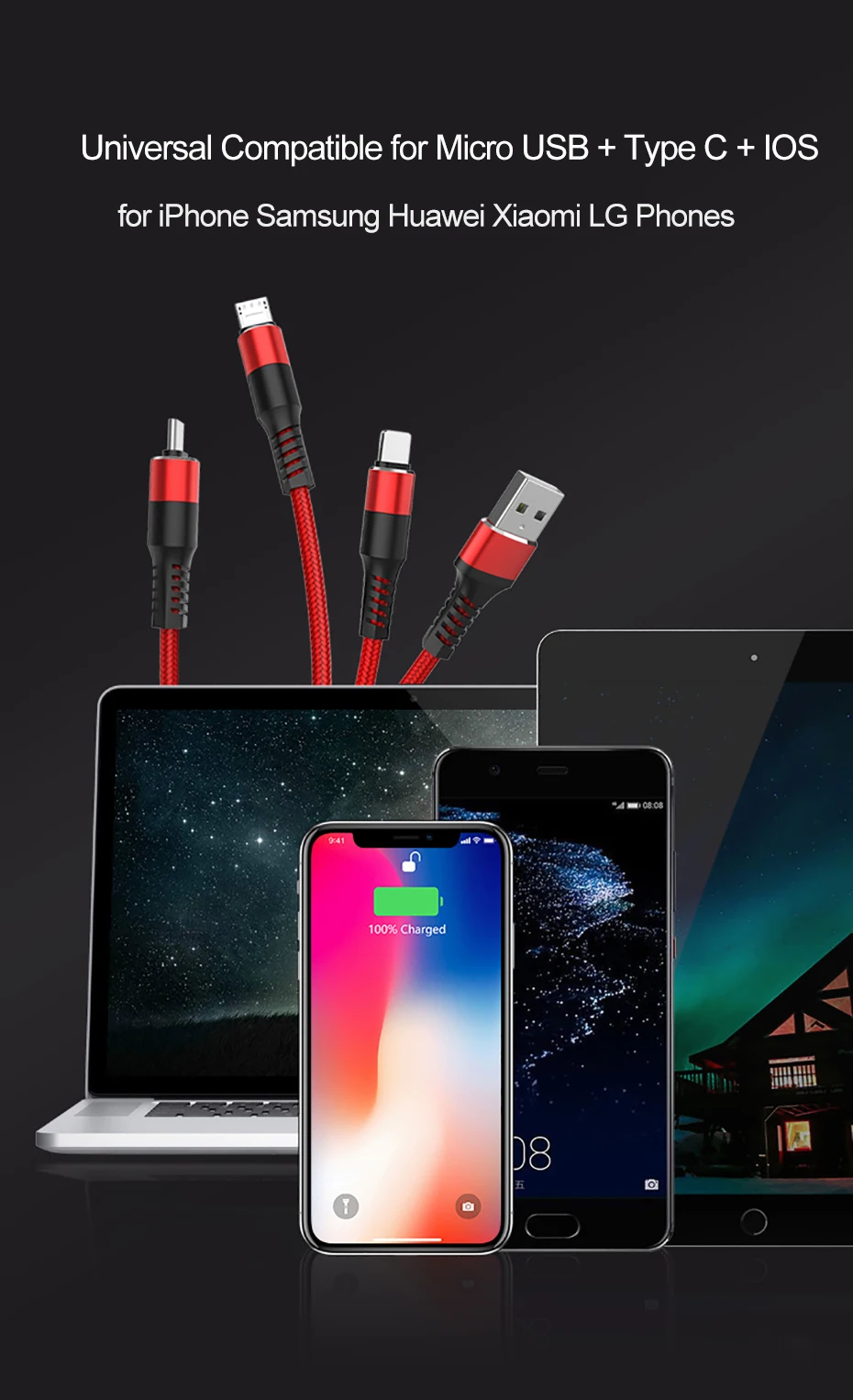 Musyue 3 In 1 Phone Cable For iPhone XR 7 Samsung Huawei Xiaomi USB Cable 3A USB Type C Cable+ Micro USB Cable Charging Cables