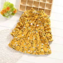 Платье для маленьких девочек; платье принцессы для девочек с рюшами и кукольным воротником, цветочным рисунком и бантом; повседневная одежда; детское зимнее платье с длинными рукавами