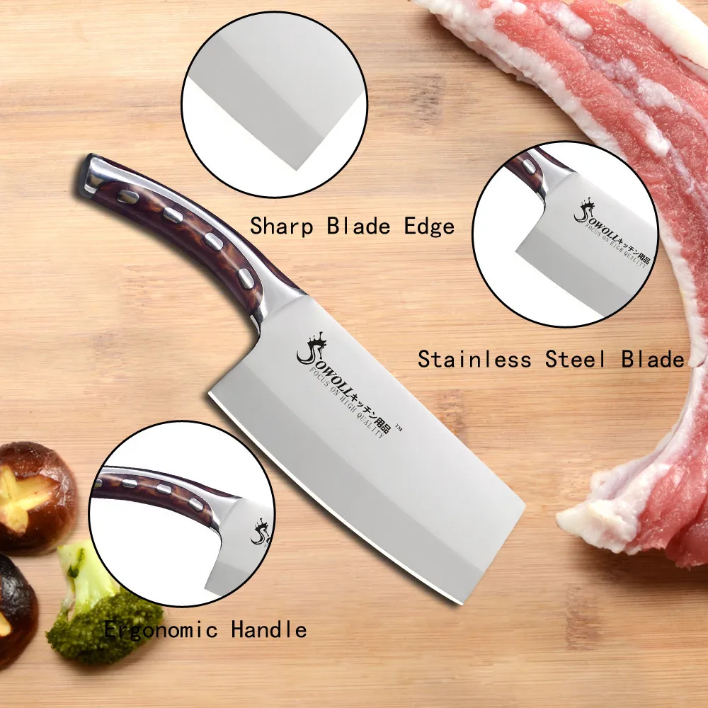 Sowoll, кухонный нож, 7 дюймов, нержавеющая сталь, разделочные ножи, острое лезвие, удобная ручка, Кливер, аксессуары для приготовления пищи, инструменты