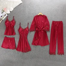 5 шт. шелковые пижамы наборы женские атласные пижамы платья брюки осенние пижамы банный халат сексуальное женское белье кружева зимние пижамы