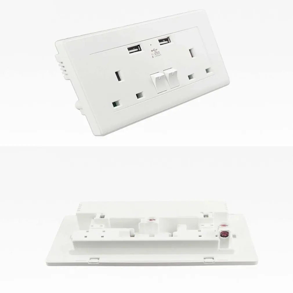 Double Wall Plug Socket 2 Gang 2.1A With 2 USB Ports Portable Screwless Slim Flat Plate Home ABS Socket UK Plug