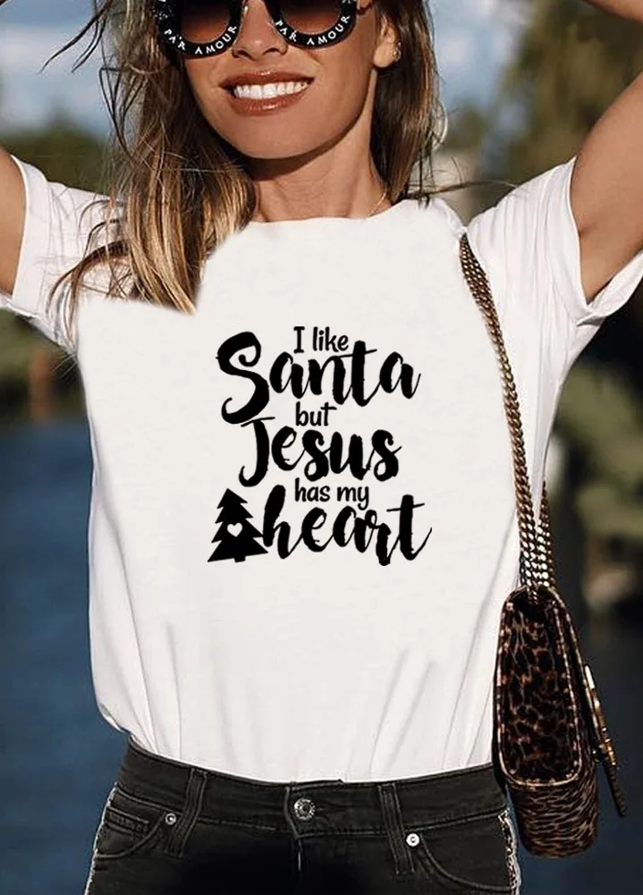 Футболка с принтом «I Like Santa But Jesus Has My Heart», Женская хлопковая Футболка с круглым вырезом и коротким рукавом, женские свободные футболки