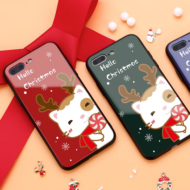 

Merry Christmas Deer Tempered Glass TPU Cases For iPhone 11 Pro XR XS MAX X Cover For iPhone 6 7 8 6 S Plus Case Back Bags Coque