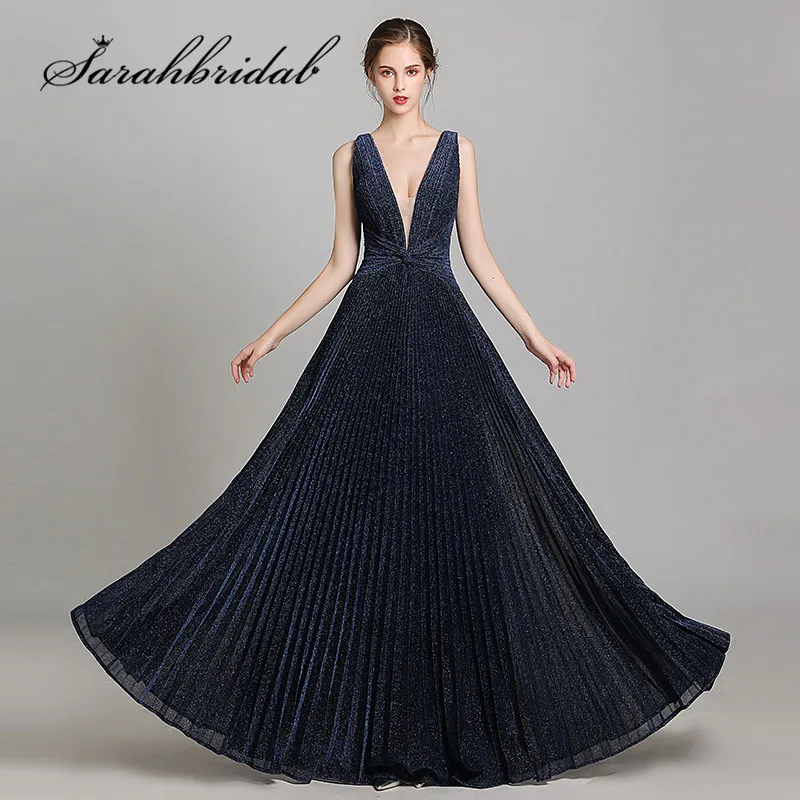 Navy Blue Элегантные вечерние платья Длинные формальное платье простое Плиссированное с v-образным вырезом без рукавов с молнией А-силуэт вечерние платья для выпускного вечера CC5428 - Цвет: Navy Blue
