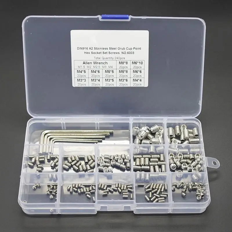 240Pcs Grub Screw Cup Point Hex Head Socket Set M3x3 M3x4 M3x5 M4x4