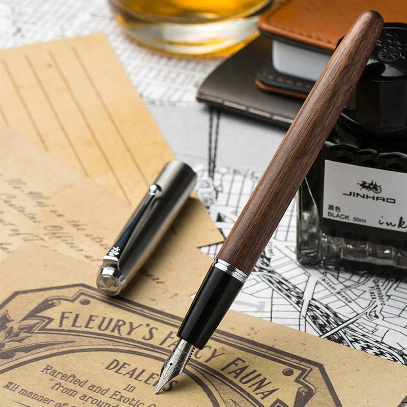 Jinhao Wood Fountain Pen 0.38/0.5/0.8mm Iridium Vulpen Writing Pluma Feather Parallel Pen for Office School Art Supplies Stylo fountain pen