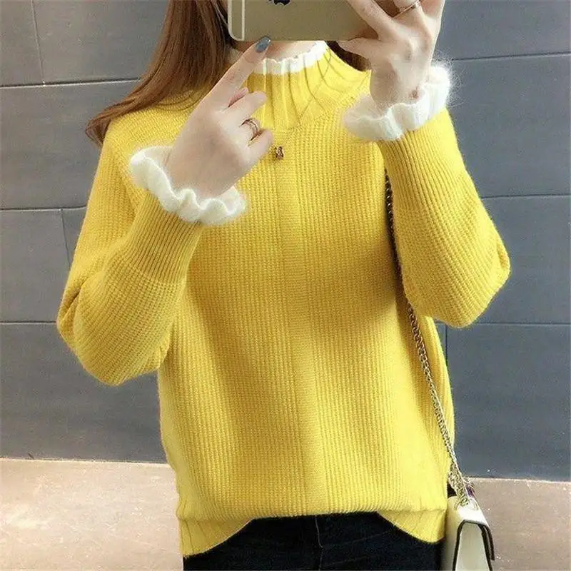 yellow plus velvet Зимние женские милые свободные полуводолазки трикотажные пуловеры свитер женский толстый плюс бархатный низ Трикотаж Джемпер X63 - Цвет: yellow plus velvet