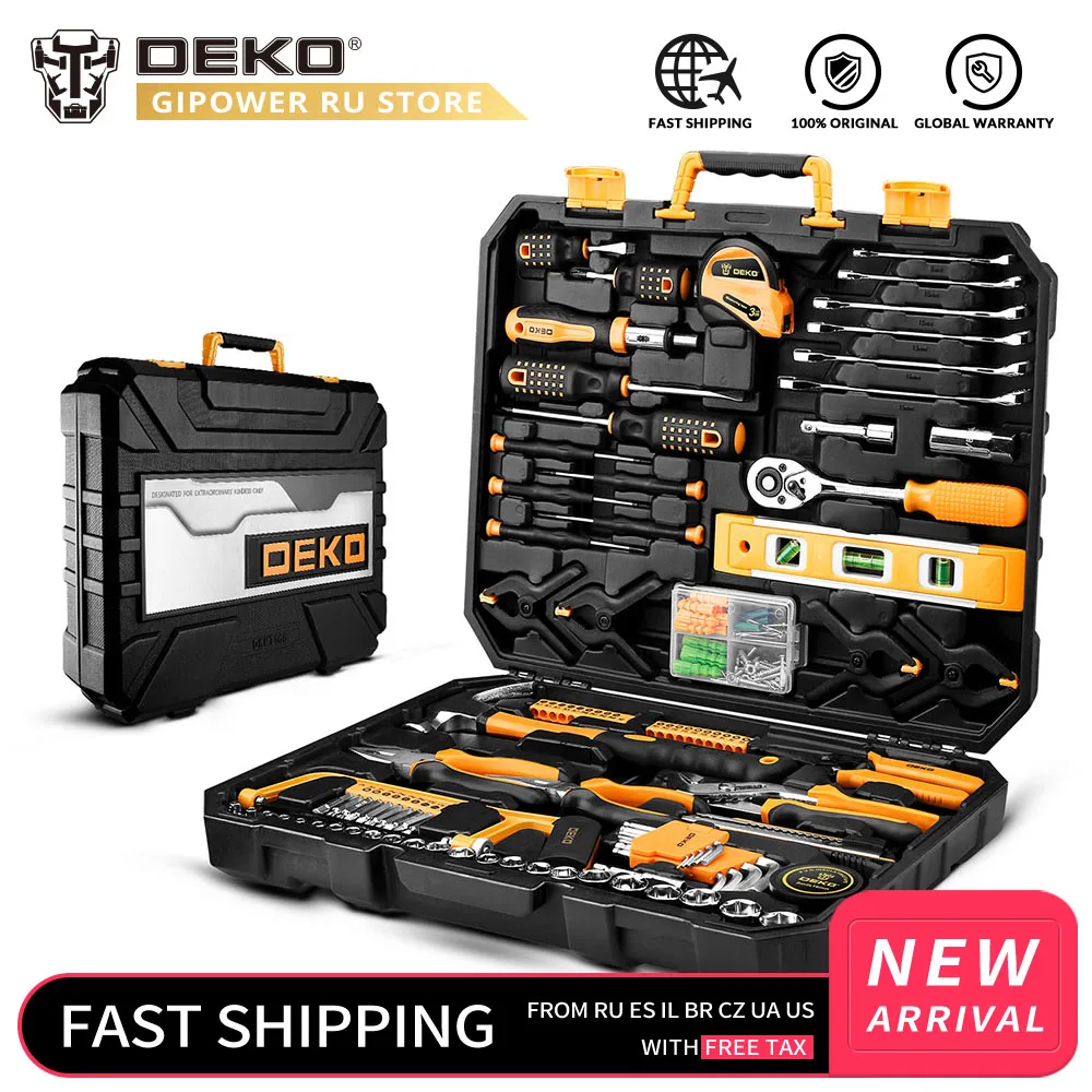 DEKO Household Tool Set General Hand Tool Kit with Plastic Tool box Storage Case Combination Hammer Socket Wrench Screwdriver