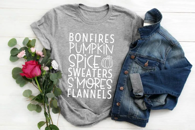 gray tee white text Bonfires/свитера с изображением тыквы и специй; фланелевые футболки; Осенняя желтая одежда; Футболка с принтом тыквы для Хэллоуина; популярный топ с принтом тыквы - Цвет: gray tee white text
