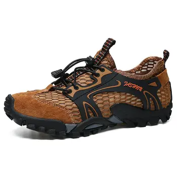 

Spring and summer fashion real leather men's outdoor upstream shoes mesh breathable non-slip hiking shoes