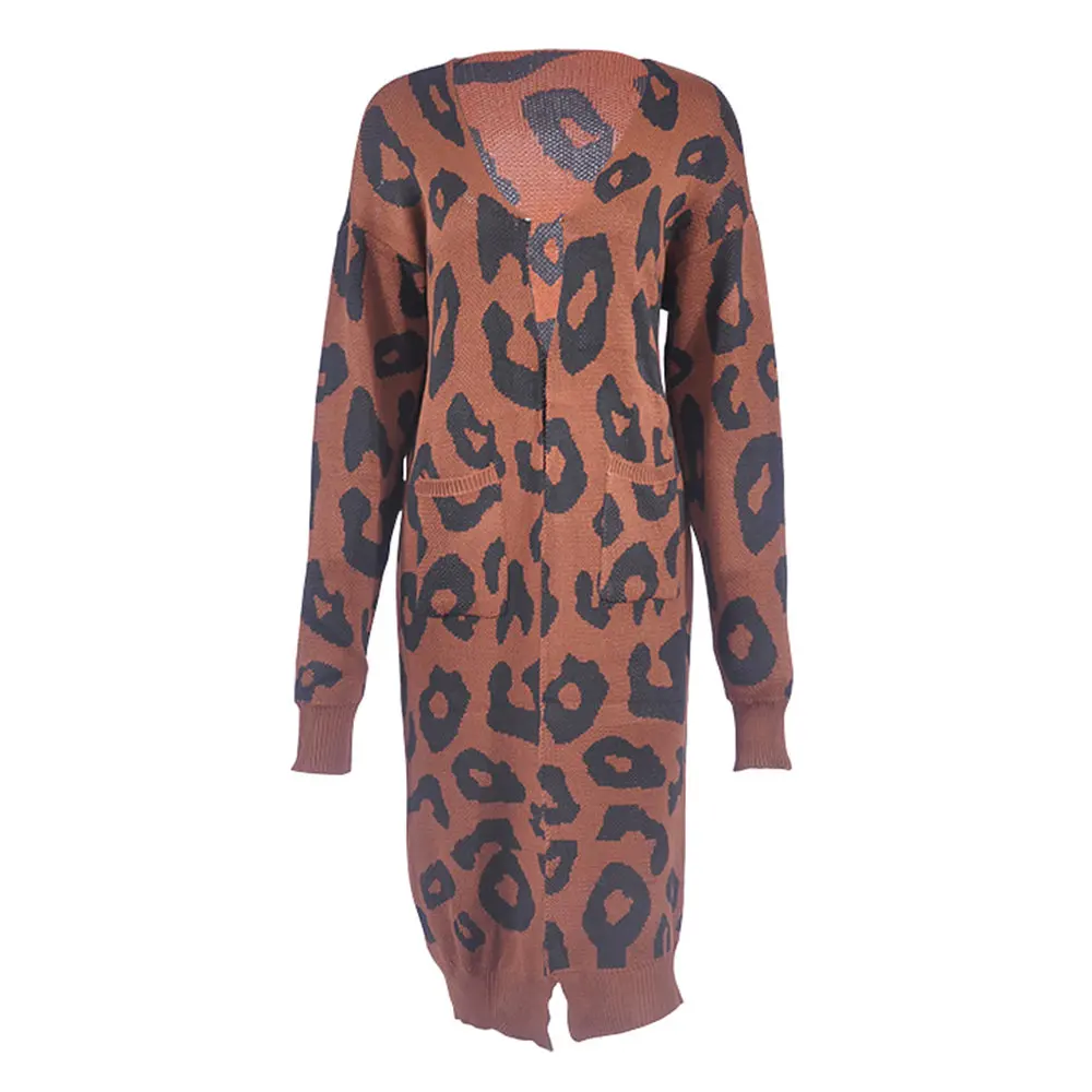 Antime Leopard Print Knitted Sweater Long Sleeve Cardigan Casual Autumn Winter Women Coat Pockets Plus Size Sweater Christmas