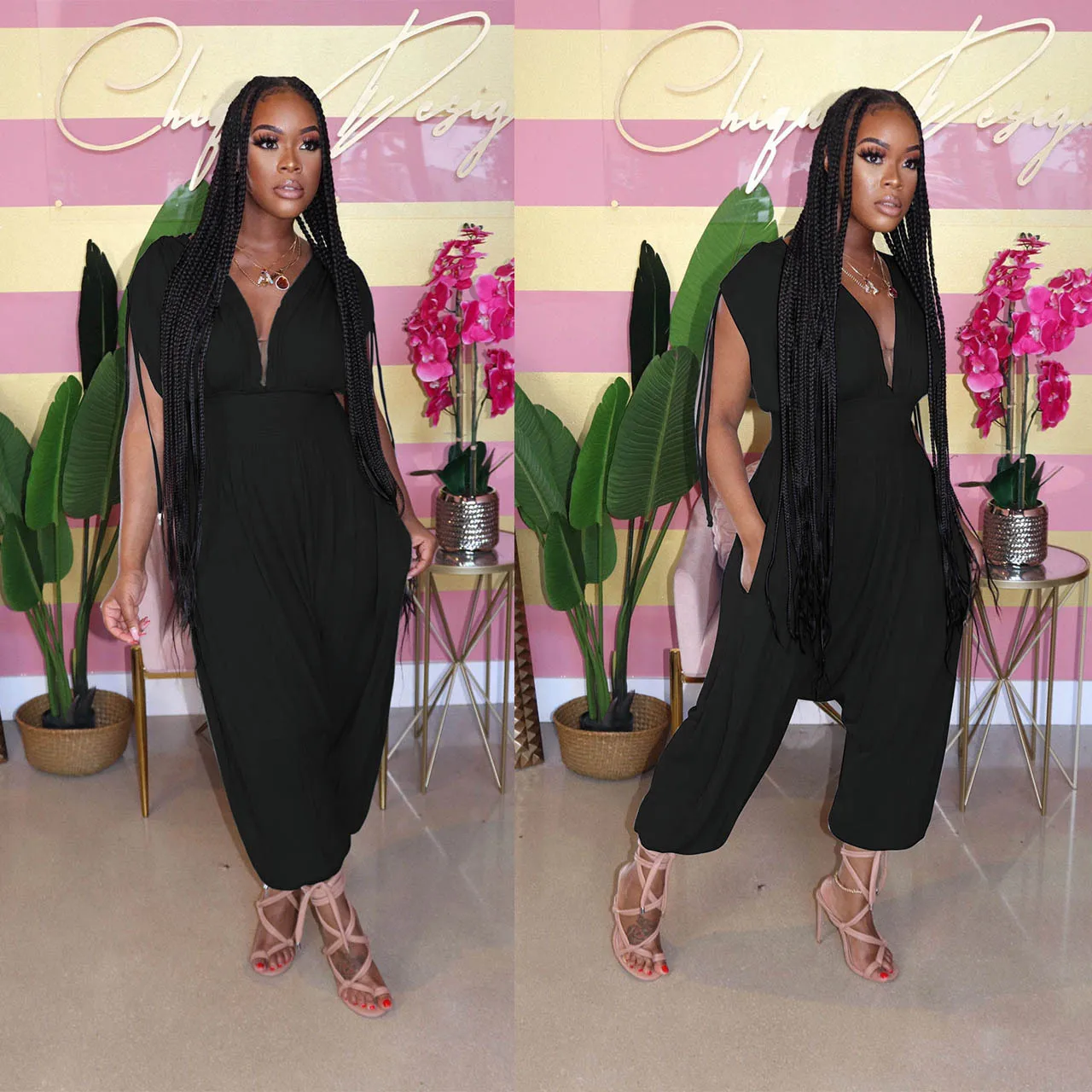 ChocoMist Jumpsuits Casual Solid  V-Neck Loose Jumpsuit M1111