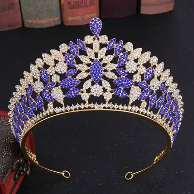 Gold Blue Изысканный хрусталь свадебные обручи с короной Мода Классическая принцесса Вечеринка Выпускной большой короны свадебные аксессуары для волос повязки на голову - Окраска металла: Gold Blue