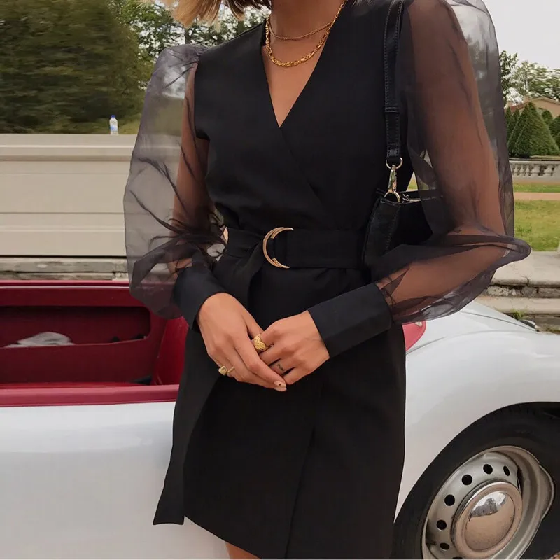 

Vestidos Fiesta Mujer New Vestido Corto Mujer Blazer Dress V Neck Damen Kleider Puff Sleeve Mesh Sexy Black Dress Women Clubwear