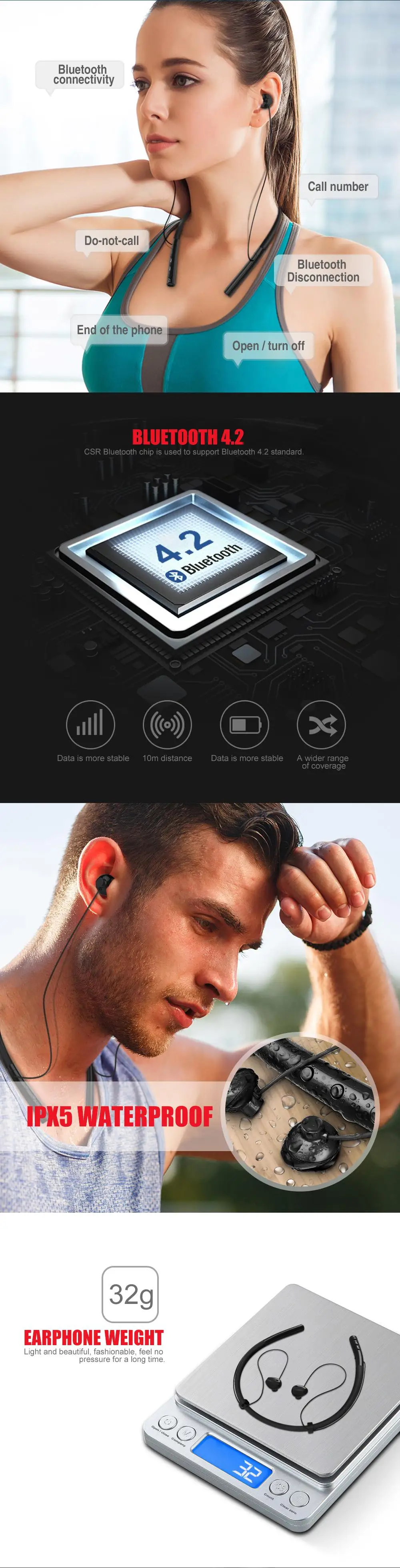 Bluetooth наушники Встроенный микрофон легкая беспроводная гарнитура с лентой на шею водонепроницаемые спортивные наушники-капельки со стерео для Xiaomi