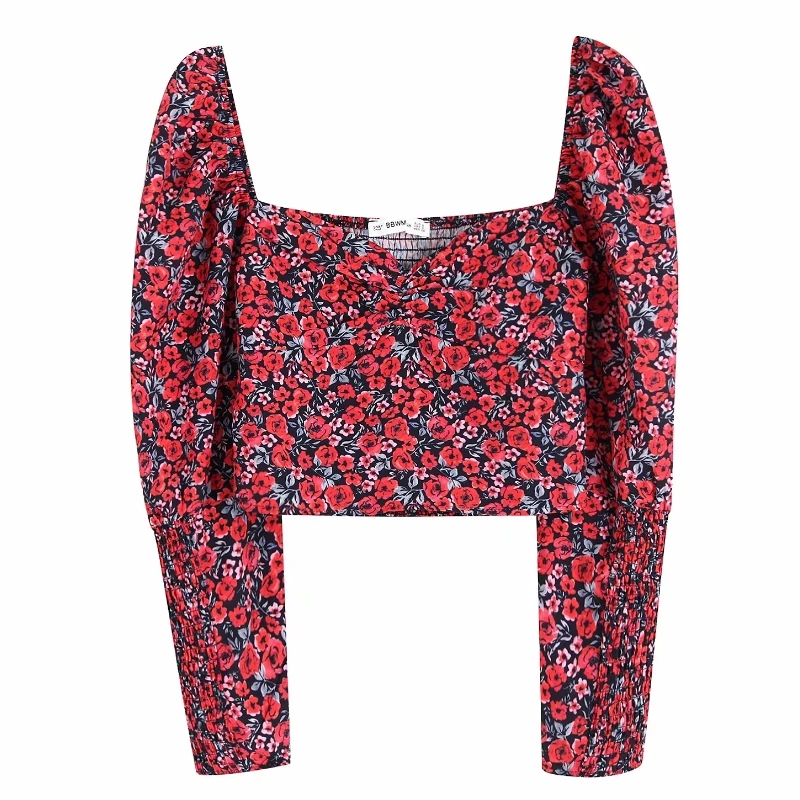  women vintage square collar flower print casual short shirts blouses ladies elastic pleats roupas f