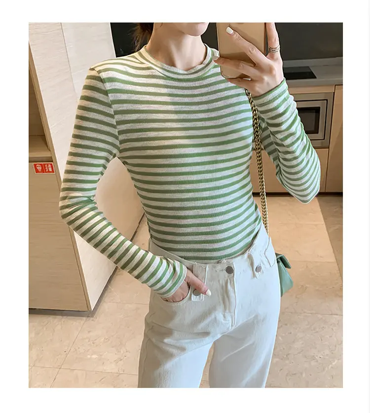 BOBOKATEER Winter Long Sleeve T shirt Women Tshirt Vintage Stripe Shirt Clothes Women Tops Stretch Cotton Tee Shirt Spring
