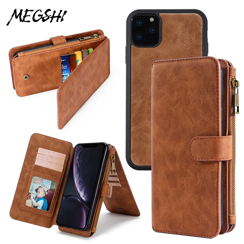  Luxury Multi-function Wallet Leather Case For iPhone 6 7 8 Metal Zipper XS XR Slots Detachable Magn
