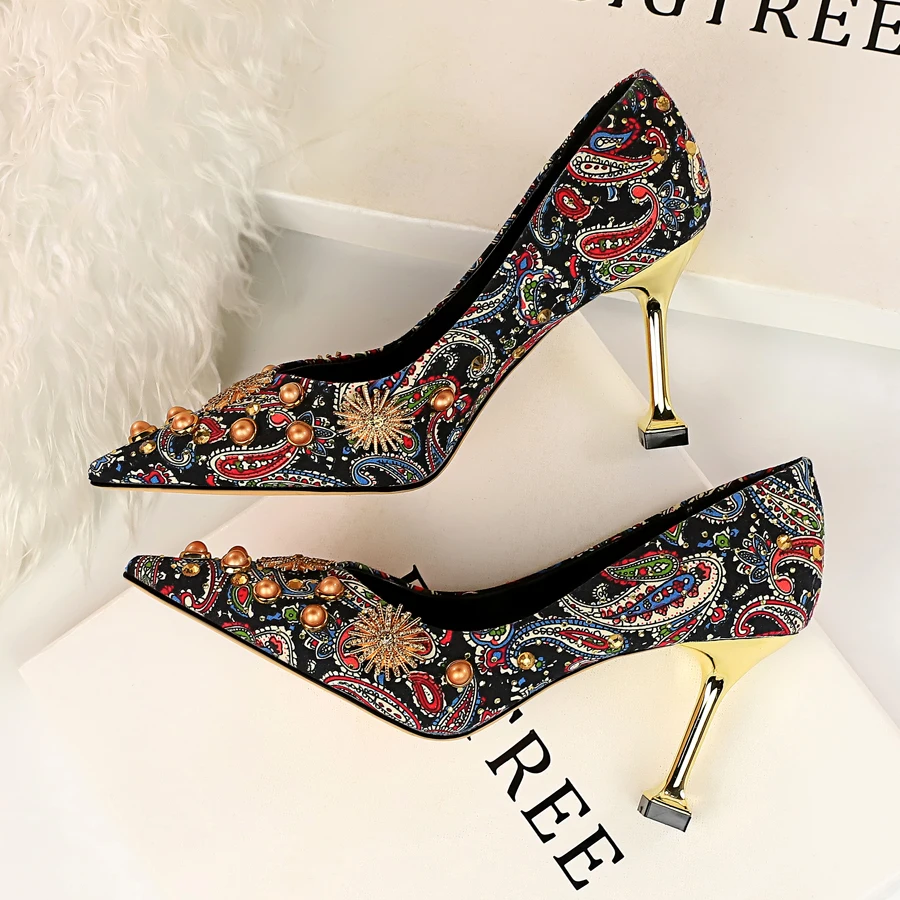 BIGTREE/ брендовые винтажные женские туфли-лодочки модные женские туфли на высоком каблуке с цветочным принтом весенне-летняя заклепка с хрусталиком вечерние туфли