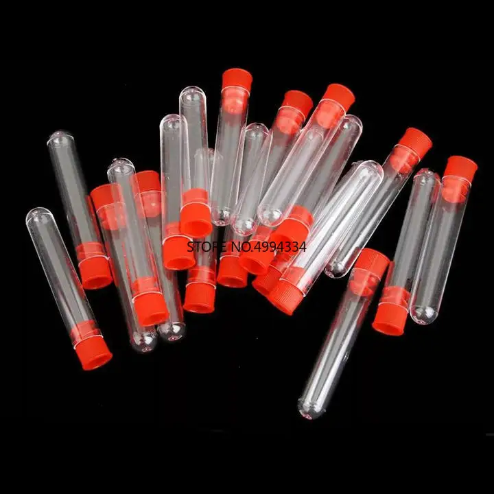 

24pcs 12x60mm Clear Plastic test tubes with plastic blue/red stopper push cap lids for school experiments and tests