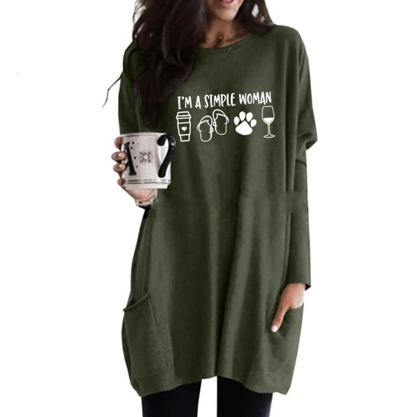 Модная повседневная футболка с длинным рукавом и карманом для женщин I AM A SIMPLE WOMAN, футболка с буквенным принтом, Женская хлопковая Футболка в стиле Харадзюку