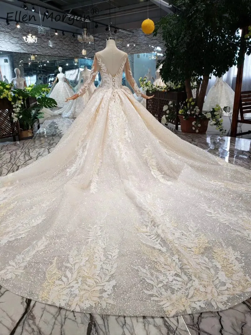 Роскошные Блестящие Свадебные платья с длинными рукавами, кружевные бальные платья, элегантные платья с вырезом лодочкой и аппликацией из бисера, шлейфом, Vestidos De Novia