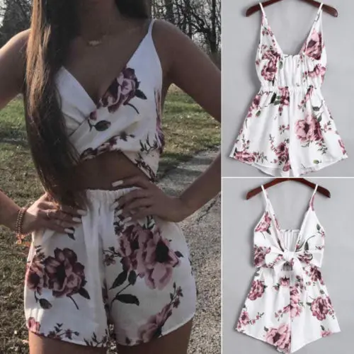 Женский Летний комбинезон без рукавов с v-образным вырезом, пляжный мини-комбинезон с цветочным принтом, вечерние комбинезоны с цветочным рисунком