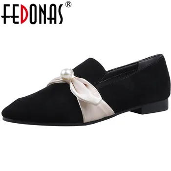

FEDONAS Sweet 2020 Women Genuine Leather Party Ribbon Pearl Decoration Thick Heeled Square Toe New Arrival Shoes Woman