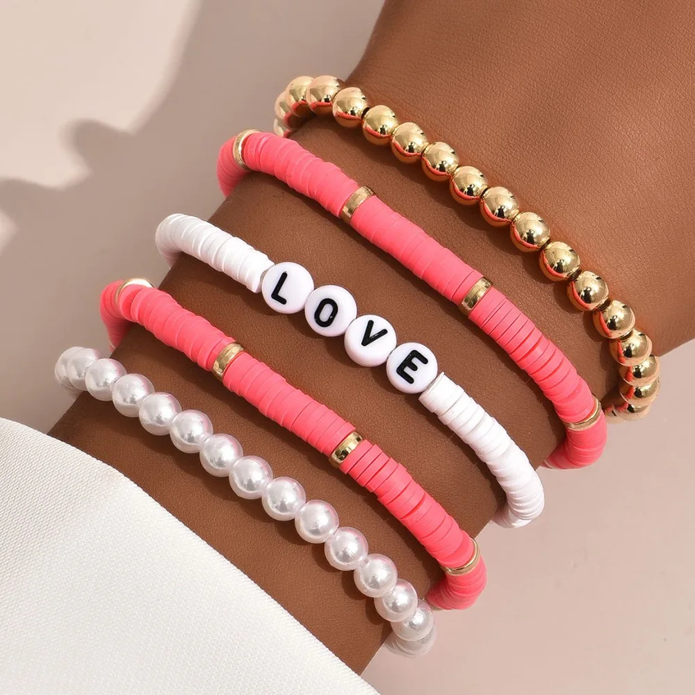 Ethnic Bohemian Multicolor Bracelet Set for Women Fashion Lettle Pearl Soft Pottery Colorful Beach Bracelet Couples Boho Jewelry