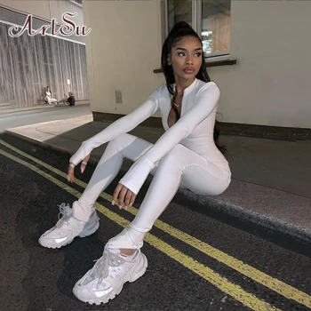 

ArtSu Casual Fitness Sporty Rompers Womens Jumpsuits Workout Zipper Activewear Long Sleeve Skinny Solid Jumpsuits ASJU20696