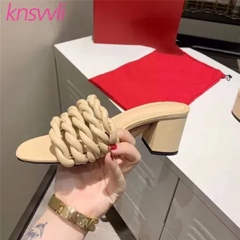 

New Braided Leather Mules High Heels Women Sandals Peep Toe Summer Shoes Ladies Chunky Heels Slippers Woman Zapatos De Mujer
