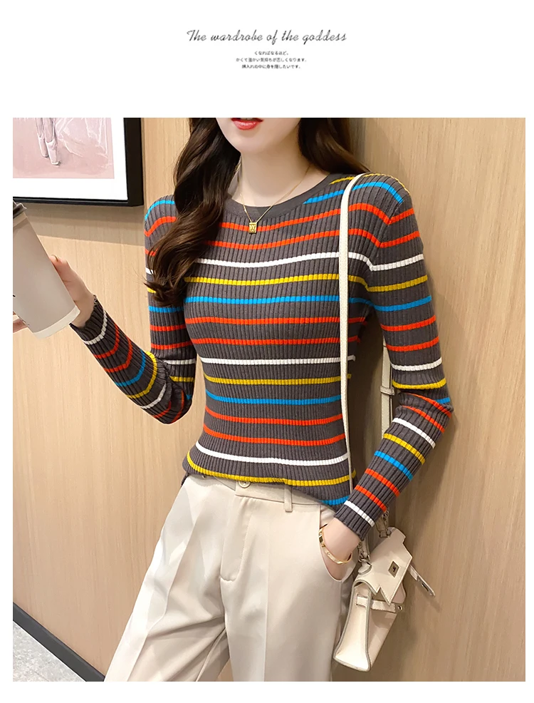 New Women Rainbow Stripe Sweater Winter Slim Long Sleeve Pullover Tops Korean Ladies Knitted Elegaht Sweaters Woman Jumper Mujer