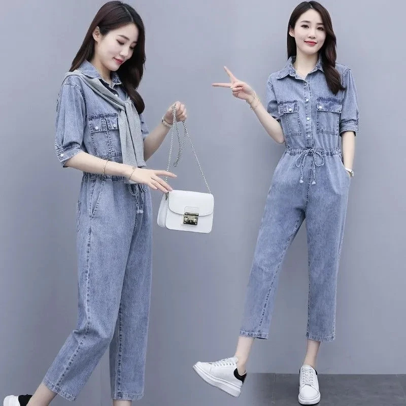 Women Sets Mid-Sleeve Denim Jumpsuit Buttons Women Summer 2021 New One Piece Suit Femme Lace Up Playsuit Female Pocket Pants Set