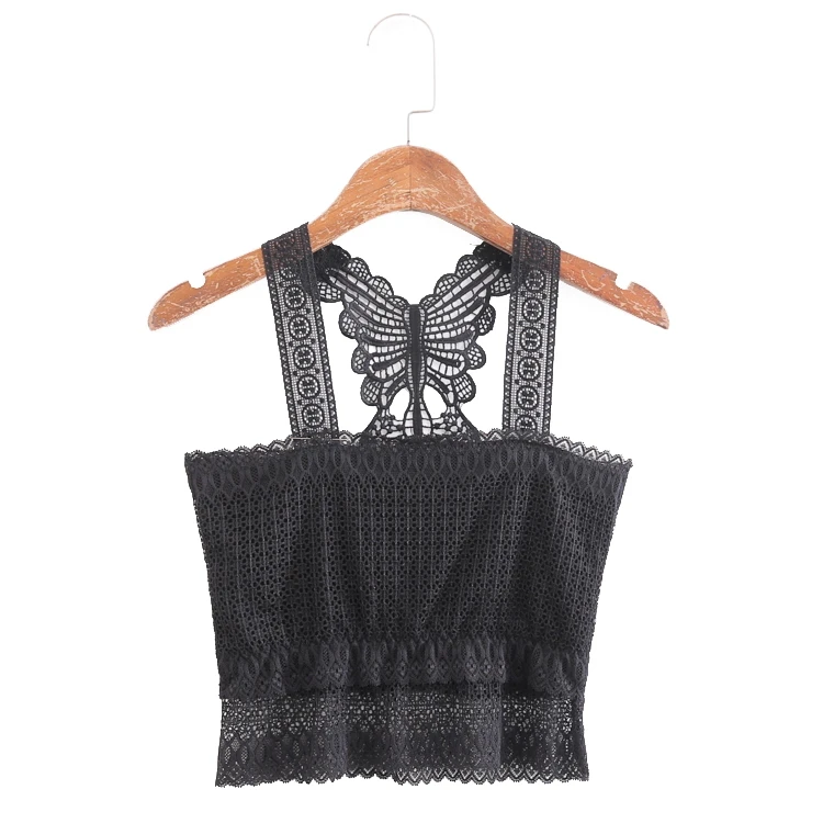 

Lace Tanks Top Casual Vest Crochet Hollow Pure Color Elastic Short Beautiful Back Suspension Strap Streetwear Lace Top