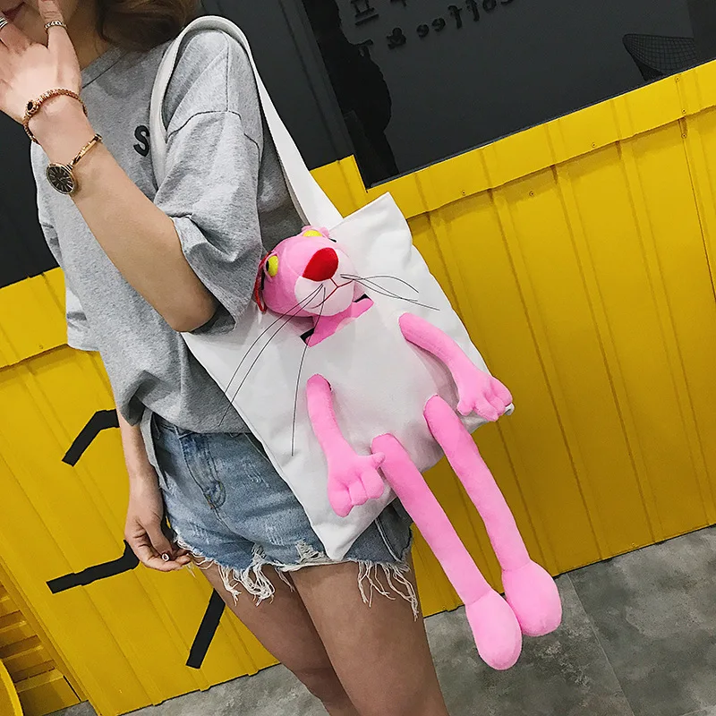 

Douyin Celebrity Style Plush Toys Cartoon Pink Panther Backpack Funny Frog Canvas Bag Customizable Gift