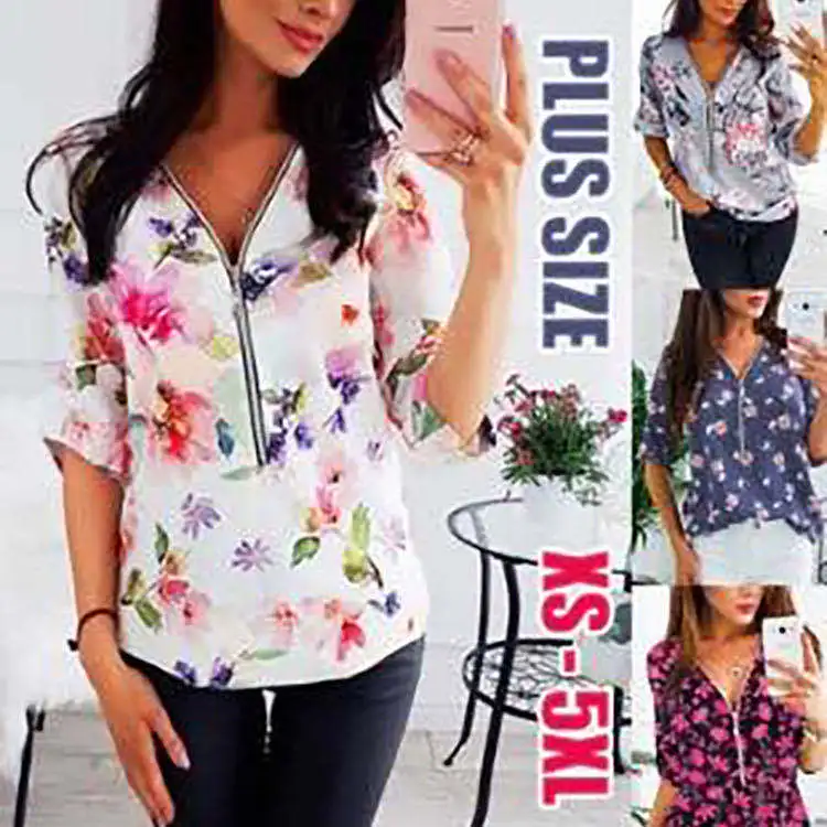 Spring Large Size Tops Women 2020 Casual V Neck Shirt Ladies Front Zipper Blouse Loose Floral Print Tunic Shirt Camisa Feminin