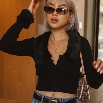 

Knitted Women Short Cardigans Faux Fur Collar Crop Top Black Single Breasted Female Thin Sweater 2020 Spring Sexy Ladis Clothes