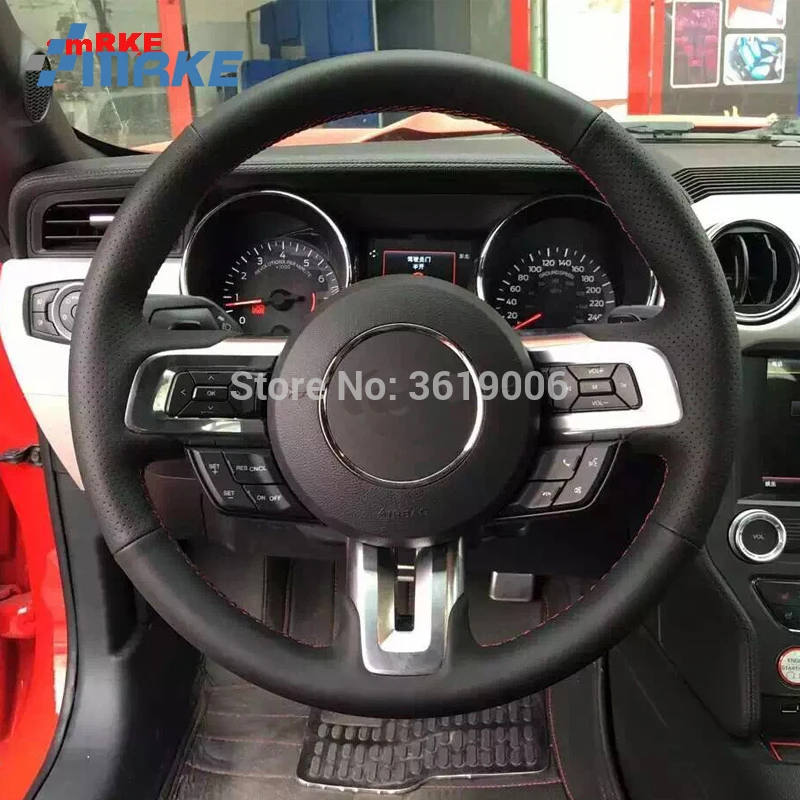 Для Ford Mustang высокое качество ручная прошитая противоскользящая черная кожа красная нить DIY чехол на руль