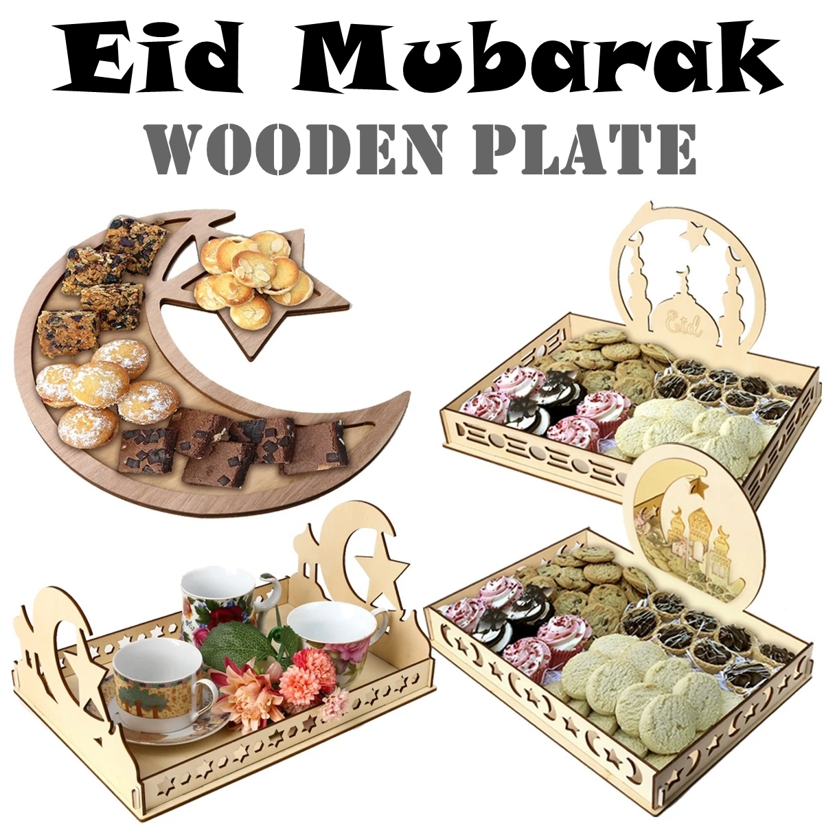 

2020 New Eid Mubarak Muslim Dessert Trays Plate Wooden Ramadan Decoration Food Storage Holder DIY Kitchen Dishes Tableware Decor