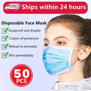 

50 pcs Disposable Face Mouth Mask Nonwoven Fabrics 3 Layer Earloop Anti-Dust masques Face Masks Dustproof Safe Protective Mask