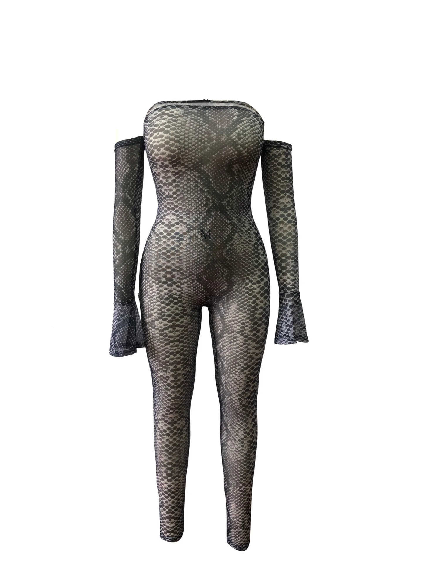 Women Sexy Leopard Print Sheer Mesh Jumpsuits Slash Neck Long Sleeve Romper Female Slim Perspective Night Club Outfits