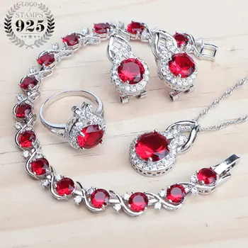 

Women's 925 Sterling Silver Jewelry Sets Bridal Wedding Necklace Pendant Set Red Zircon Earrings Ring Bracelets Costume Jewelry