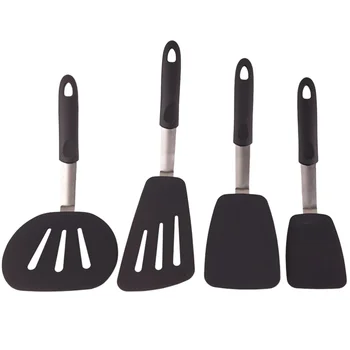 

1 Set 4pcs Silicone Stainless Steel Non-stick Shovel Beefsteak Shovel Spatula Cooking Utensil for Home (Black)