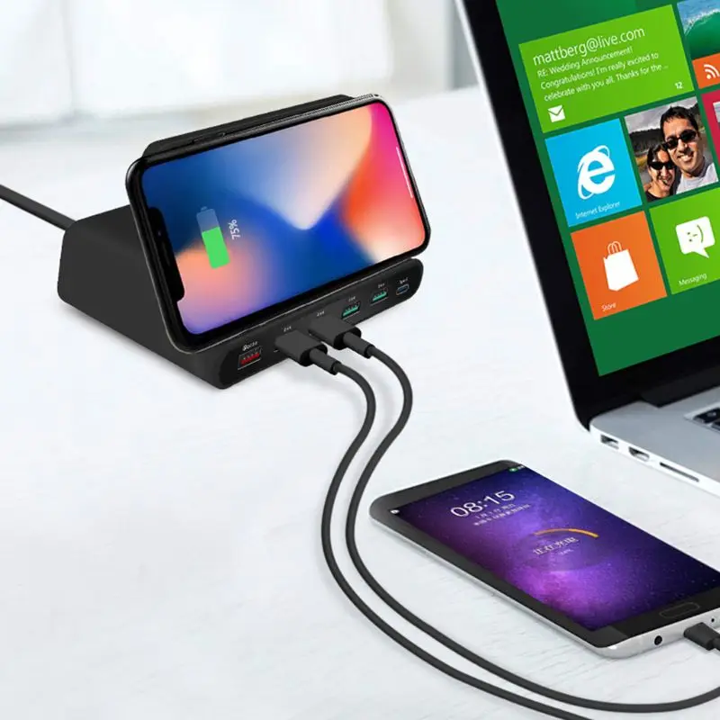 Универсальное зарядное устройство QC3.0 с 5 портами, беспроводное зарядное устройство Qi usb type C PD 18 Вт, адаптер питания для мобильного телефона, быстрое зарядное устройство, подставка-держатель