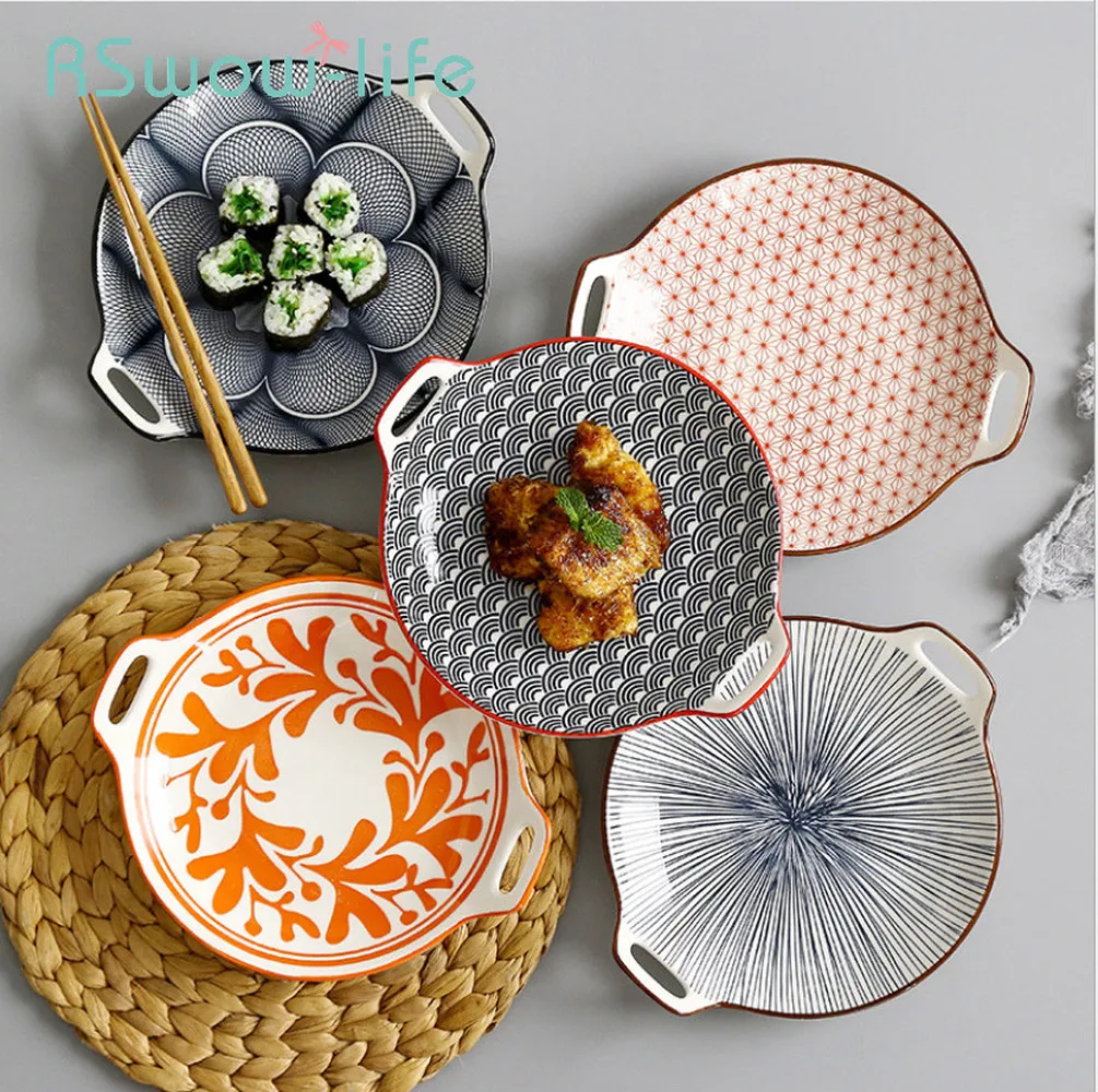 Креативная двойная Ушная тарелка, керамическая тарелка, глазурь, цвет, простая Бытовая 9 дюймовая посуда, сервировочное блюдо, посуда для кухонных принадлежностей
