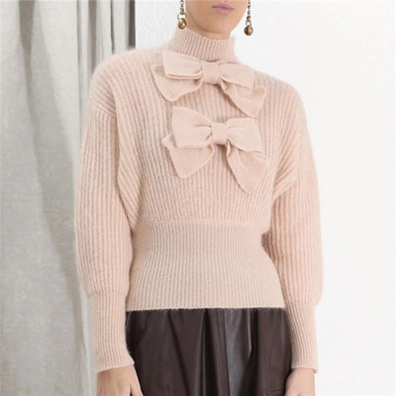 Brand Korean Sweet 2020 Autumn Long-sleeved Bow Patchwork Turtleneck Tops Slim Sweater Women Pullovers Pink Clothes | Женская одежда
