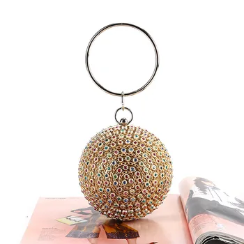 

FIRMRANCH Gold Spherical Dinner Bag Handmade Color Rhinestone Clutch Bag with Bracelet Diamond Ladies Banquet Bag