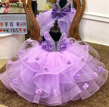 

Lavender Puffy Tulle 3D Flowers Baby Girls Birthday Dresses V Neck Little Princess Gown Flower Girl Dress